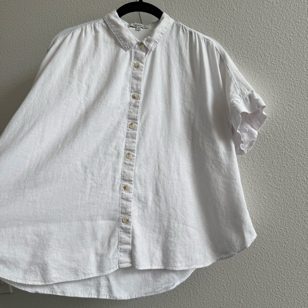Madewell Linen-Blend Hilltop Shirt Eyelet White Short Sleeve Button Down Coastal - Picture 7 of 12